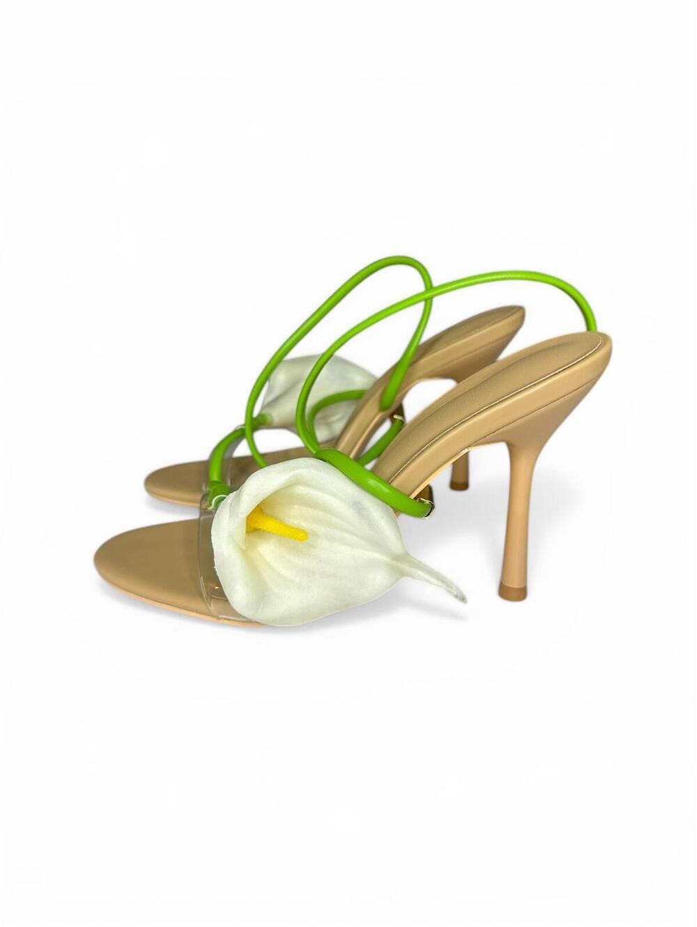 2/$99 ✨Cult Gaia Inspired Calla Lily Nude Stiletto Sandals 6 Green Ankle Strap - Picture 6 of 8